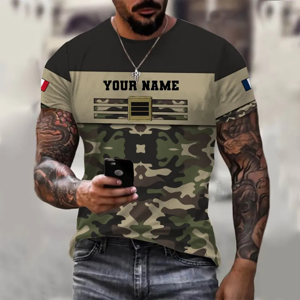 Personalisiertes T-Shirt mit französischem Soldaten/Veteranen-Tarnmuster mit Namen und Rang, 3D-Druck – 1112230001QA