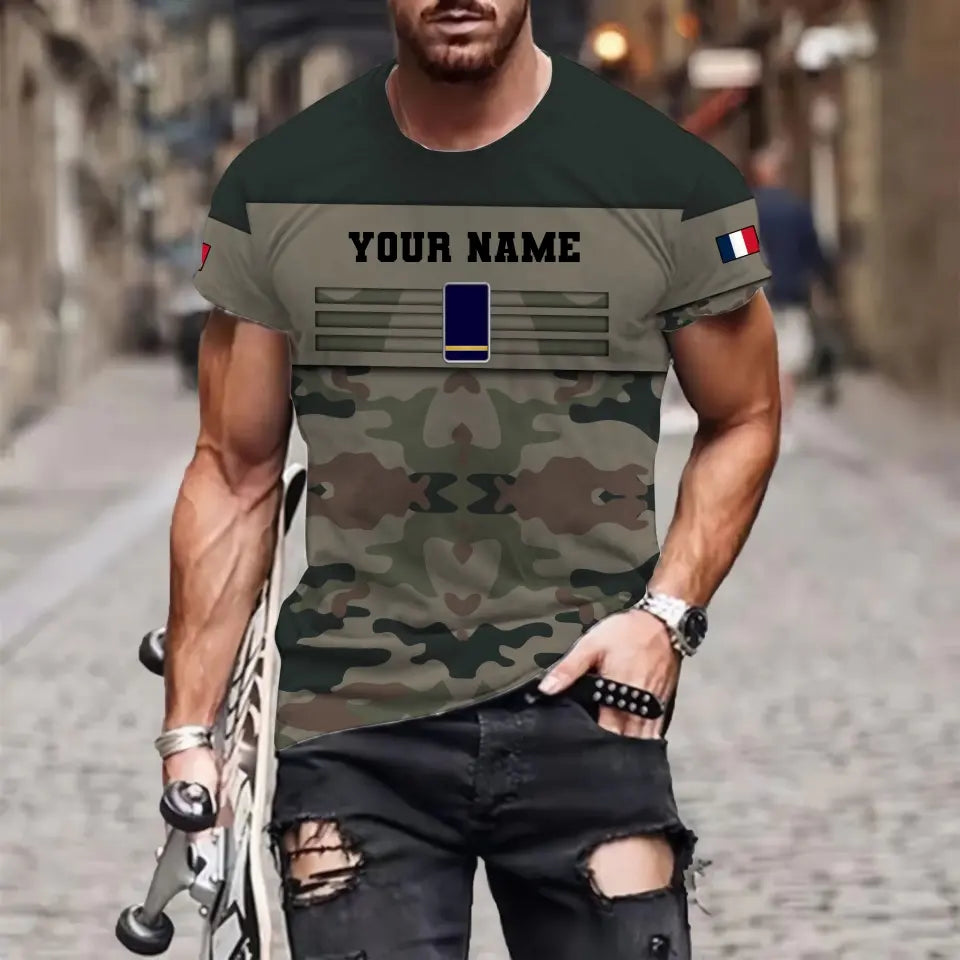 T-shirt personnalisé avec camouflage soldat/vétéran de la France avec nom et grade imprimé en 3D - 1112230001QA