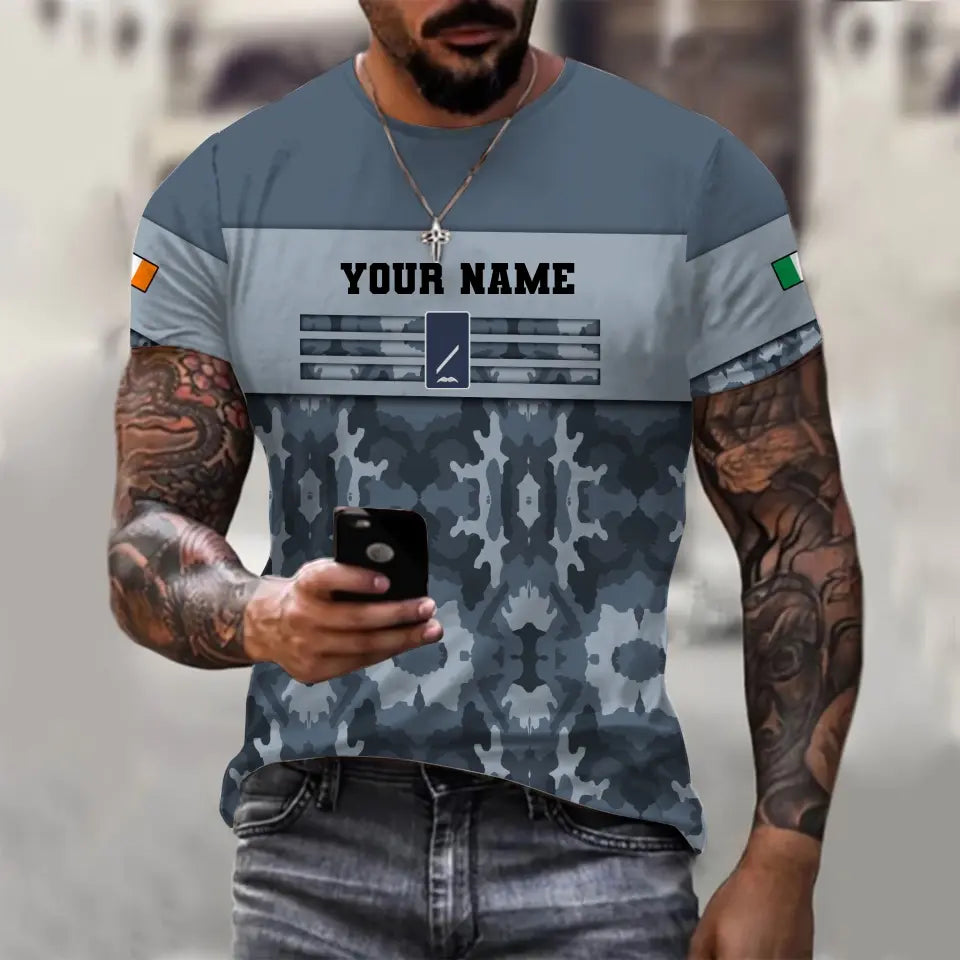 Personalisiertes irisches Soldaten-/Veteranen-T-Shirt mit Camouflage-Muster und Namen und Rang, 3D-Druck – 1201240001QA