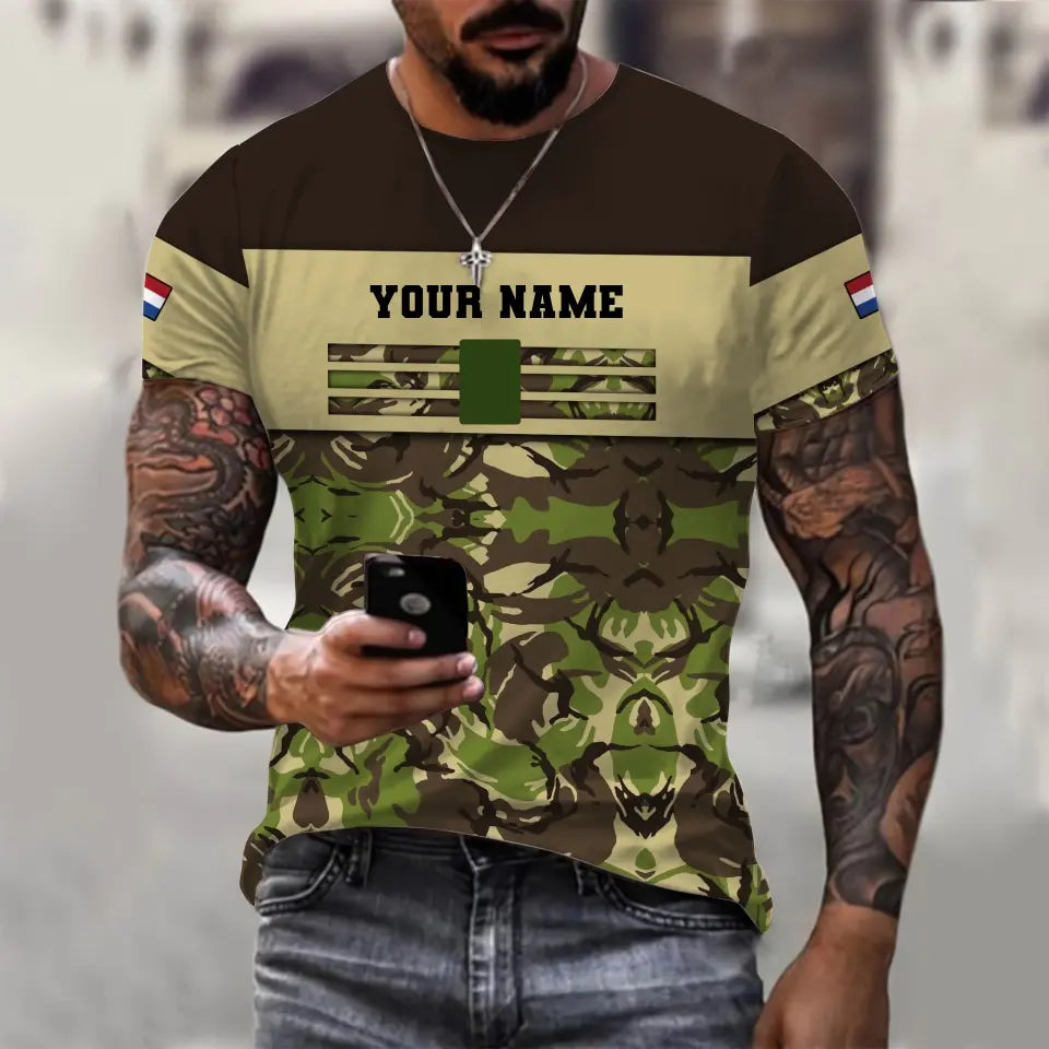 Personalisiertes T-Shirt mit 3D-Druck für niederländische Soldaten/Veteranen im Camouflage-Stil mit Namen und Rang – 1201240001QA