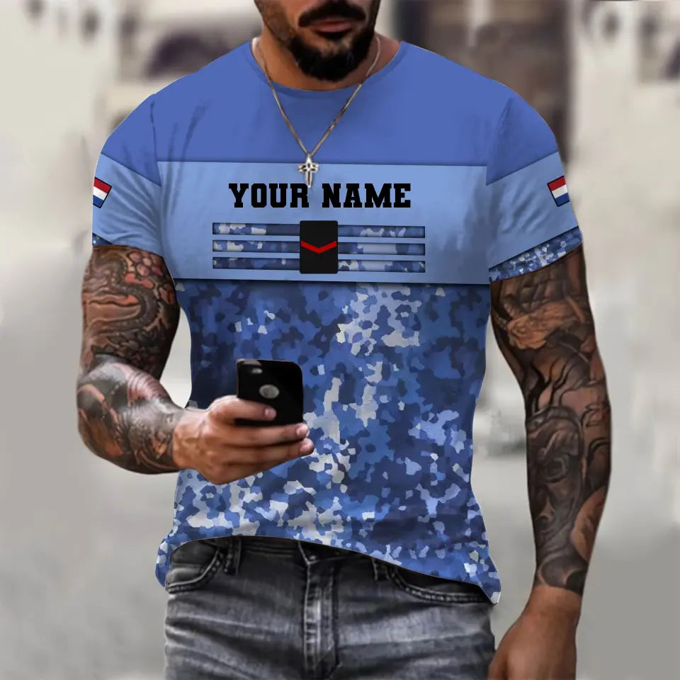 Personalisiertes T-Shirt mit 3D-Druck für niederländische Soldaten/Veteranen im Camouflage-Stil mit Namen und Rang – 1201240001QA