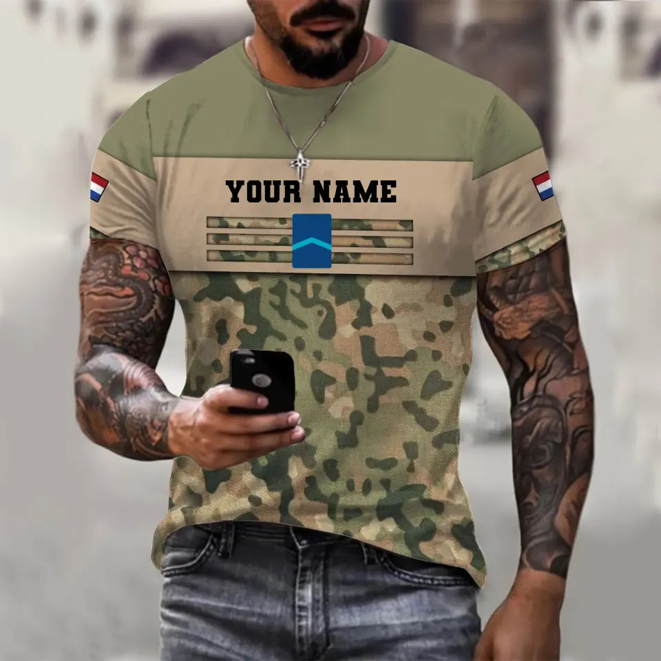 Personalisiertes T-Shirt mit 3D-Druck für niederländische Soldaten/Veteranen im Camouflage-Stil mit Namen und Rang – 1201240001QA