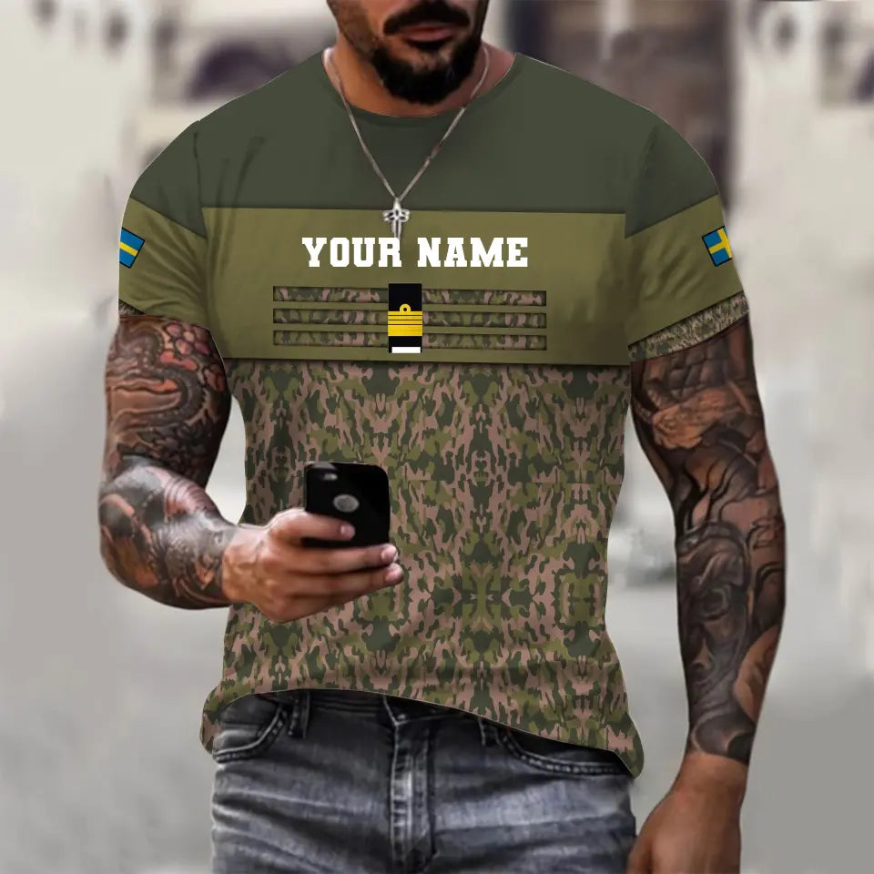 T-shirt personnalisé avec camouflage soldat/vétéran suédois avec nom et grade imprimé en 3D - 1201240001QA