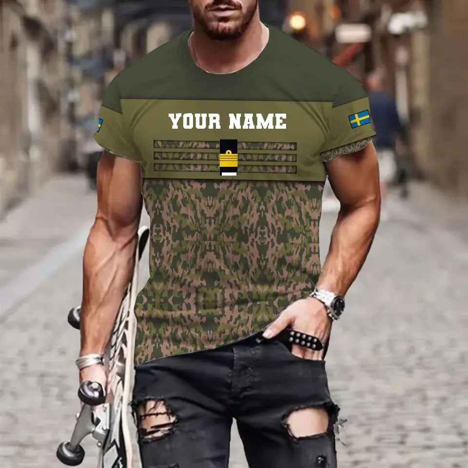 Personalisiertes T-Shirt mit schwedischem Soldaten-/Veteranen-Tarnmuster mit Namen und Rang, 3D-Druck – 1201240001QA