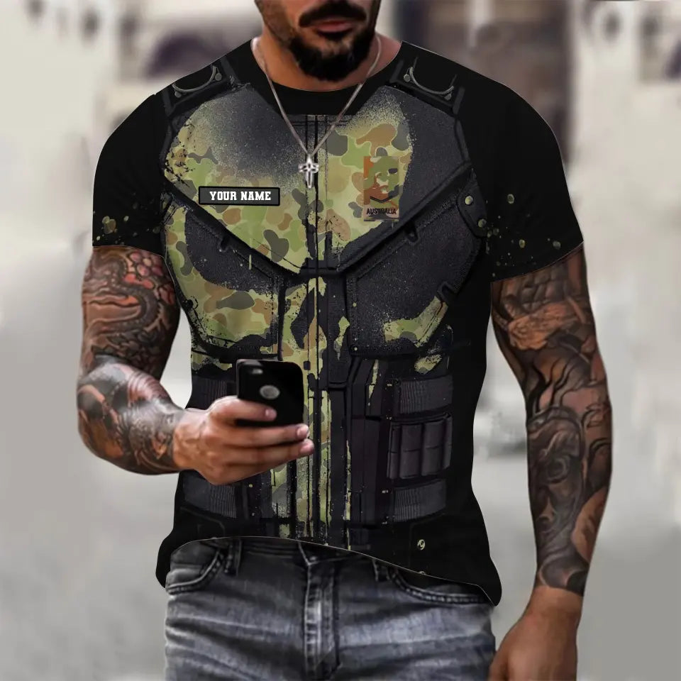 Personalisiertes T-Shirt mit australischem Soldaten-/Veteranen-Tarnmuster mit Namen und Rang, 3D-Druck – 2911230001QA