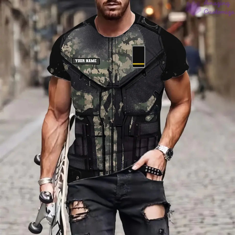 Personalisiertes T-Shirt mit französischem Soldaten-/Veteranen-Tarnmuster mit Namen und Rang, 3D-Druck – 0112230001QA