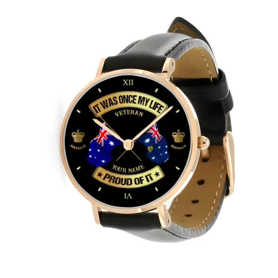 Personalisierte australische Soldat/Veteran mit Namen und Rang schwarze genähte Lederuhr – 03052401QA – goldene Version