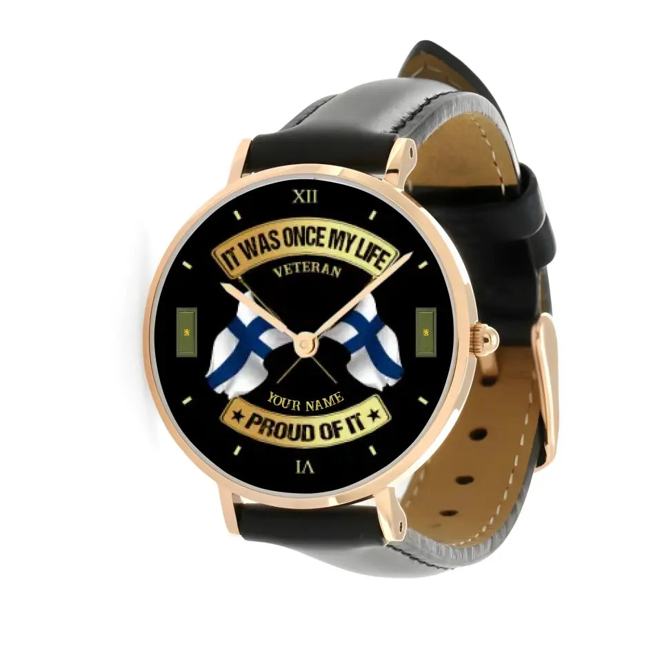 Montre personnalisée en cuir noir cousu pour soldat/vétéran finlandais avec nom et grade - 03052401QA - Version dorée