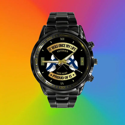 Personalisierte finnische Soldat/Veteran mit Namen und Rang schwarze Edelstahluhr - 03052401QA - Goldversion