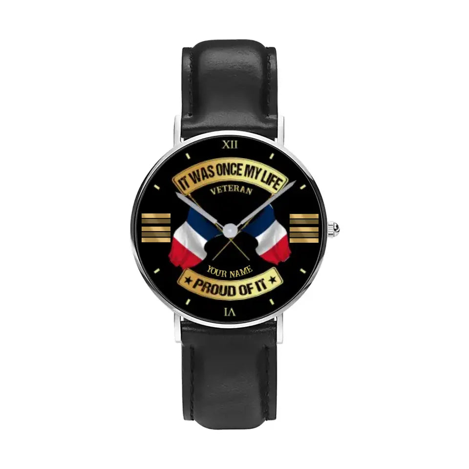 Montre Personnalisée Soldat/Vétéran France Avec Nom et Grade Cuir Noir Surpiqué - 03052401QA - Version Or