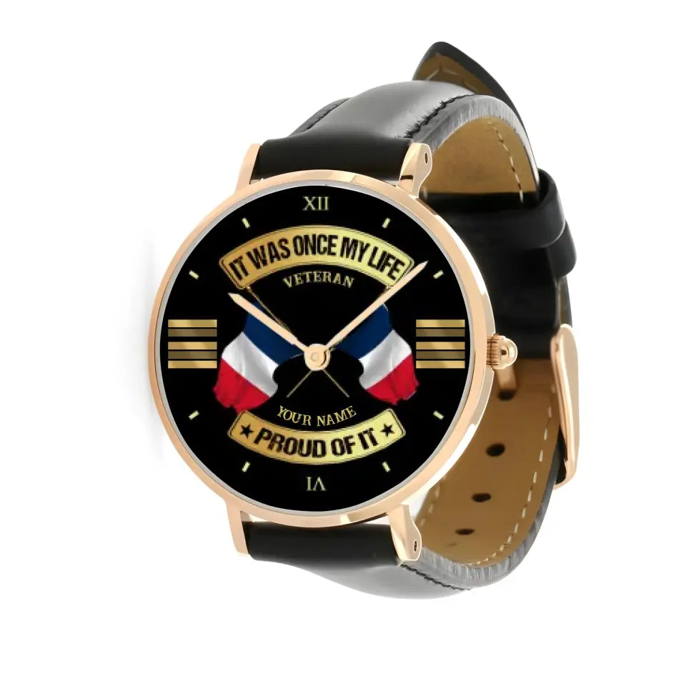 Personalisierte französische Soldat/Veteran mit Namen und Rang, schwarze genähte Lederuhr – 03052401QA – goldene Version