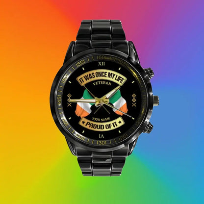 Montre personnalisée en acier inoxydable noir pour soldat/vétéran irlandais avec nom et grade - 03052401QA - Version dorée