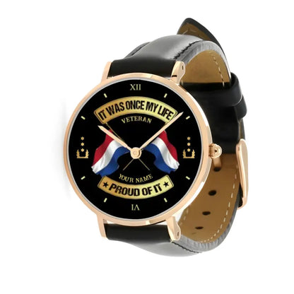 Montre personnalisée en cuir noir cousu pour soldat/vétéran néerlandais avec nom et grade - 03052401QA - Version dorée