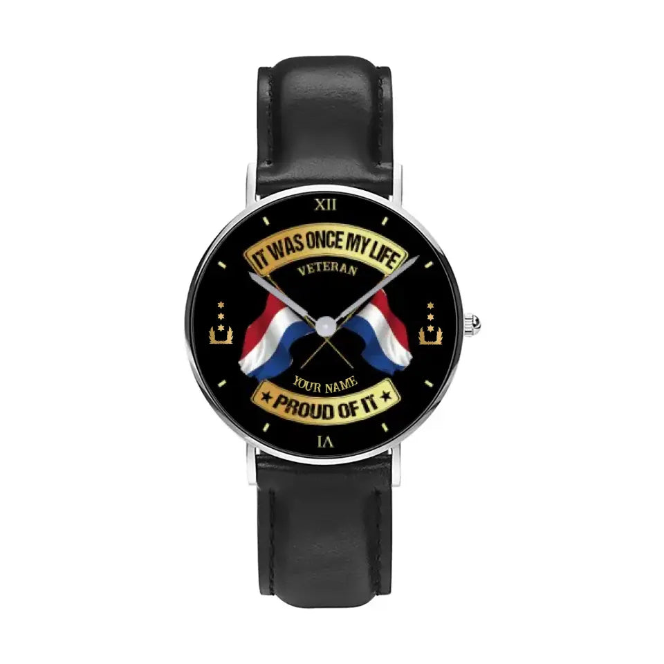 Personalized Netherlands Soldier/ Veteran With Name and Rank Black Stitched Leather Watch - 03052401QA - Gold Version