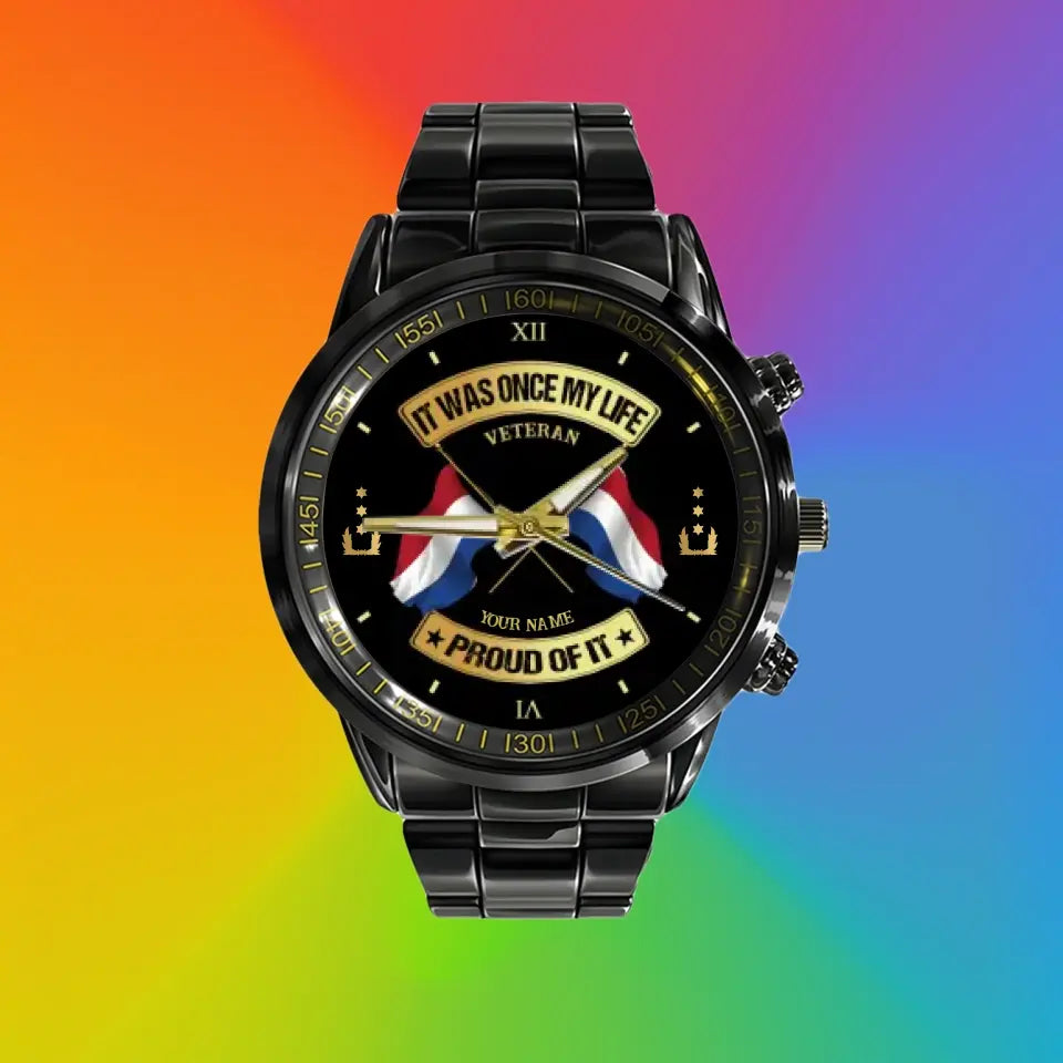 Montre personnalisée en acier inoxydable noir pour soldat/vétéran des Pays-Bas avec nom et grade - 03052401QA - Version dorée