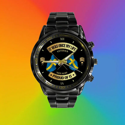 Personalized Sweden Soldier/ Veteran With Name and Rank Black Stainless Steel Watch - 03052401QA - Gold Version