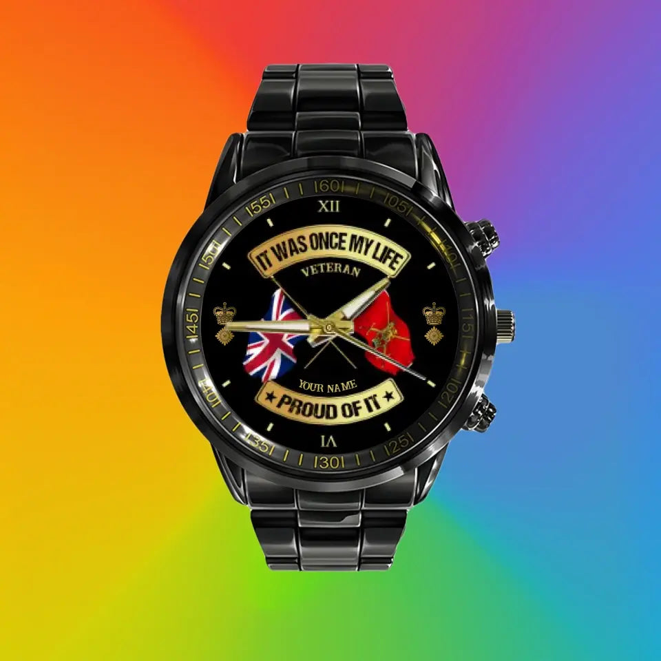 Montre personnalisée en acier inoxydable noir pour soldat/vétéran britannique avec nom et grade - 03052401QA - Version dorée