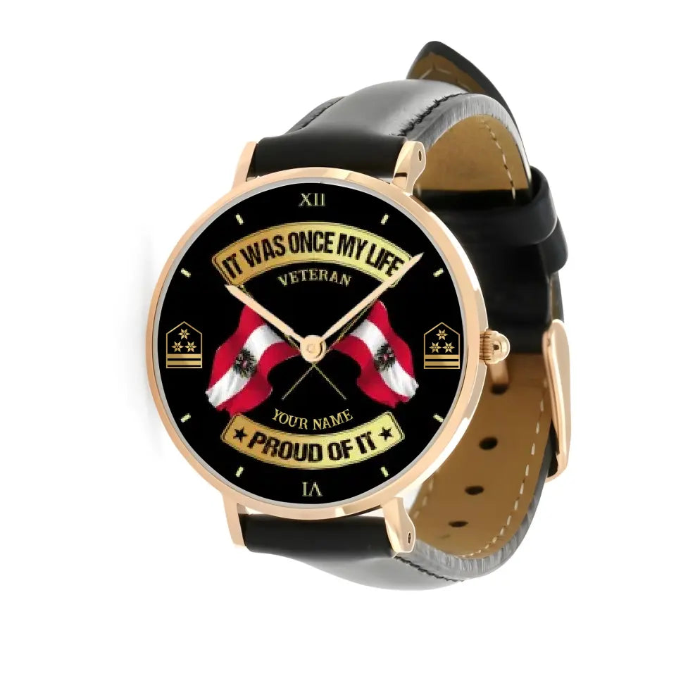 Personalized Austrian Soldier/ Veteran With Name and Rank Stitched Leather Watch - 03052401QA - Gold Version