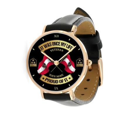 Montre personnalisée en cuir cousu avec nom et grade pour soldat/vétéran autrichien - 03052401QA - Version dorée