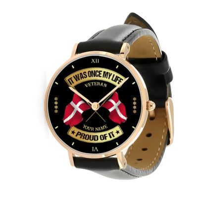 Personalisierte dänische Soldat/Veteran mit Namen und Rang, genähte Lederuhr – 03052401QA – goldene Version