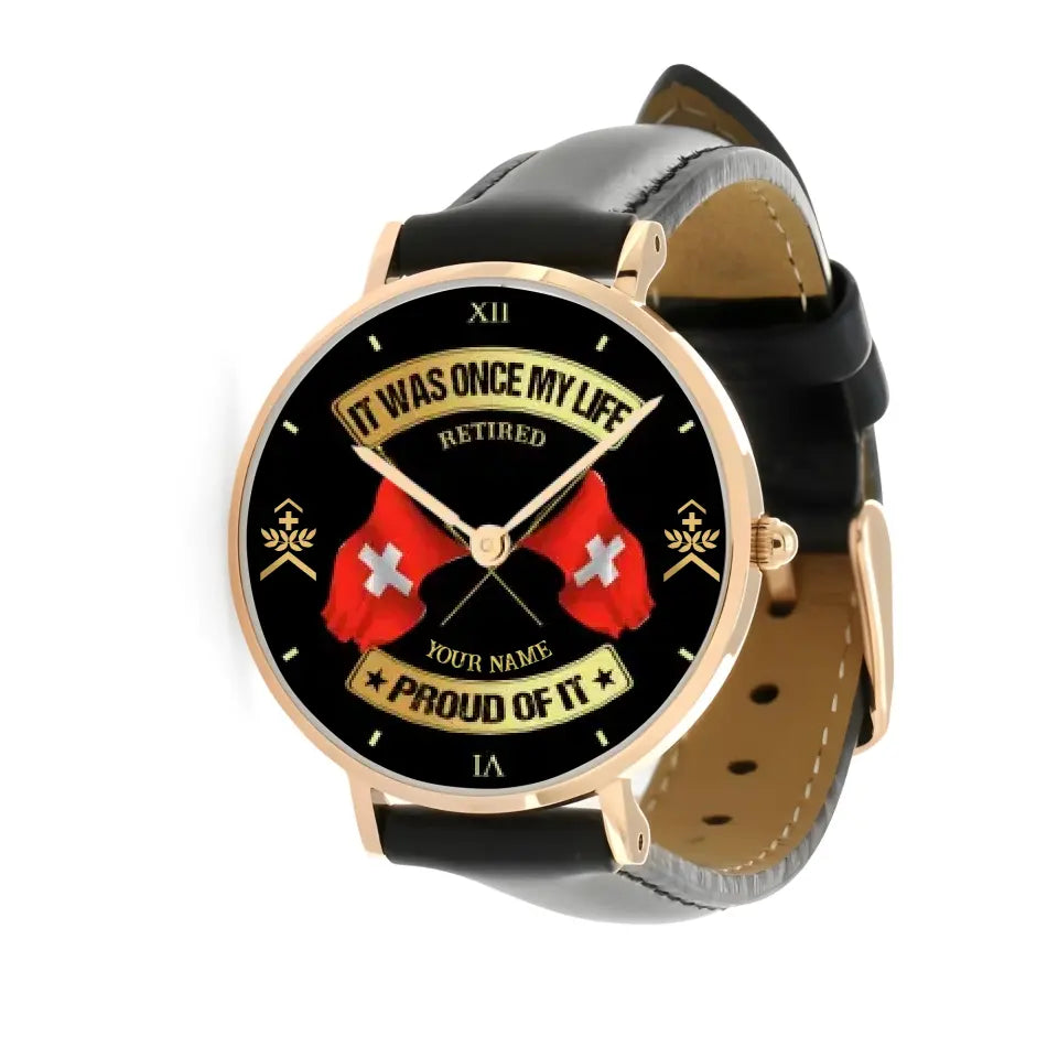 Personalisierte Schweizer Soldat/Veteran mit Namen und Rang, genähte Lederuhr – 03052401QA – Goldversion