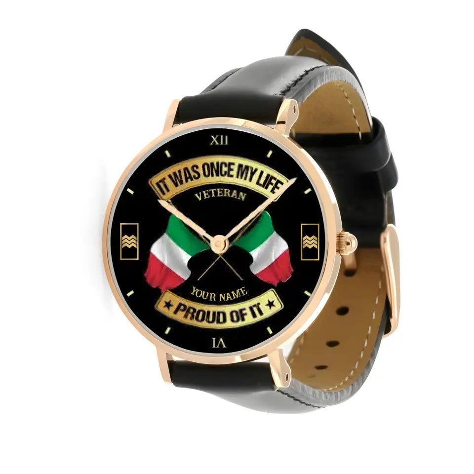 Montre personnalisée en cuir cousu avec nom et grade pour soldat/vétéran italien - 03052401QA - Version dorée