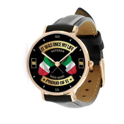 Personalized Italy Soldier/ Veteran With Name and Rank Stitched Leather Watch - 03052401QA - Gold Version