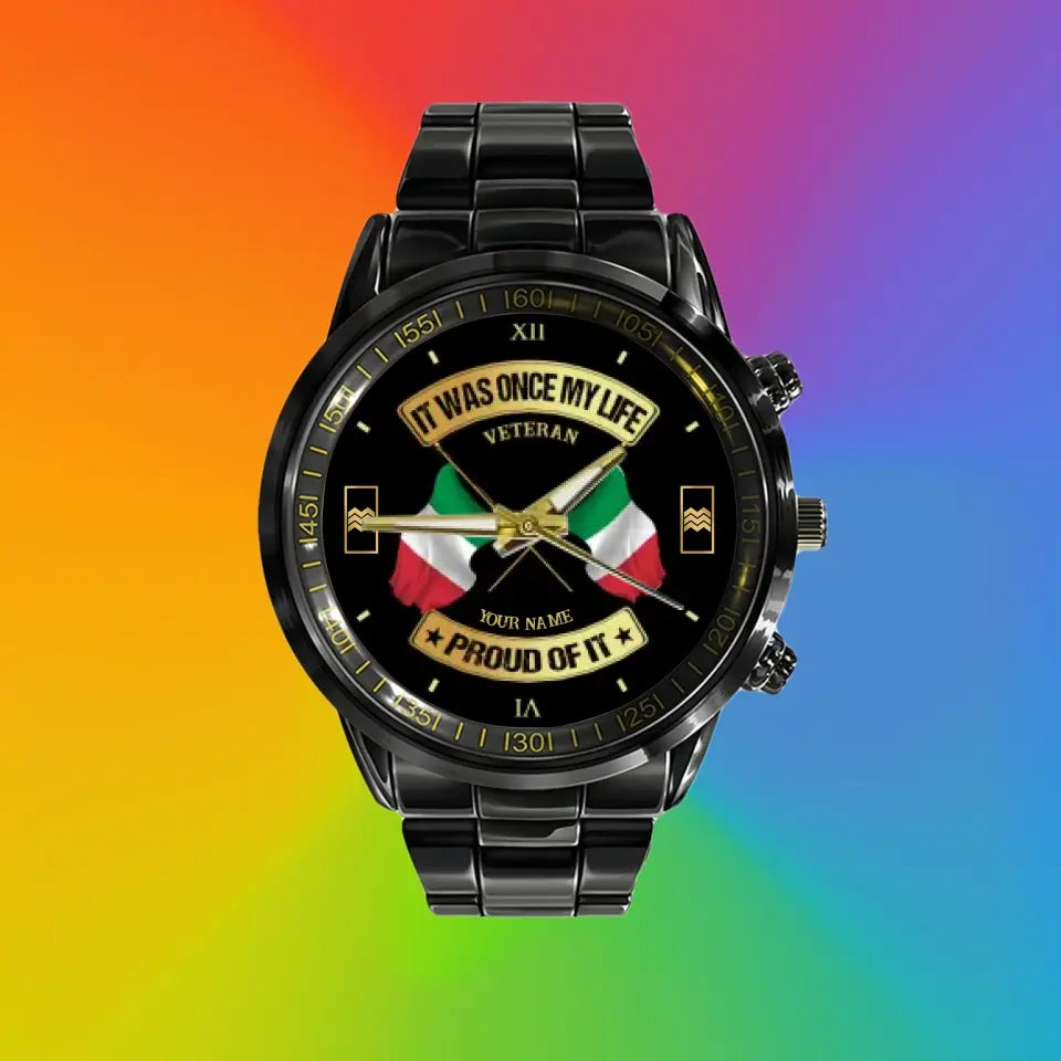 Personalized Italy Soldier/ Veteran With Name and Rank Black Stainless Steel Watch - 03052401QA - Gold Version