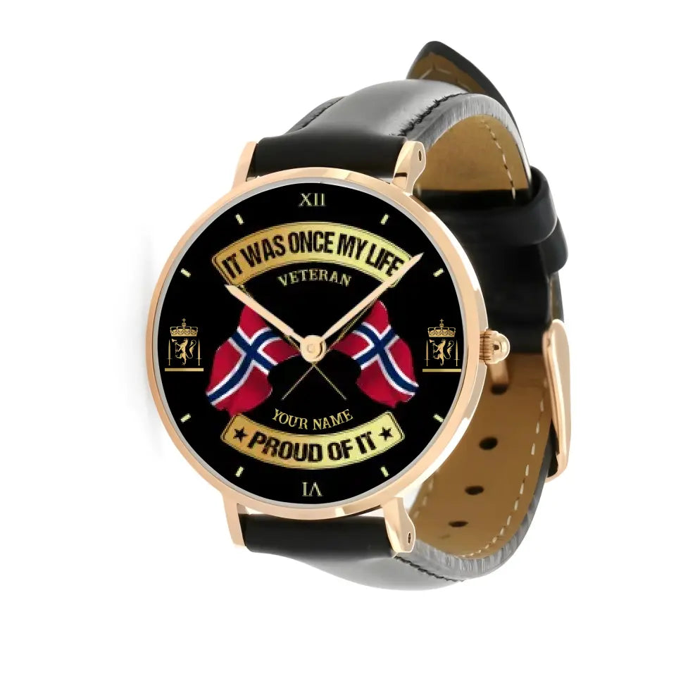 Personalisierte norwegische Soldat/Veteran mit Namen und Rang genähte Lederuhr – 03052401QA – Goldversion