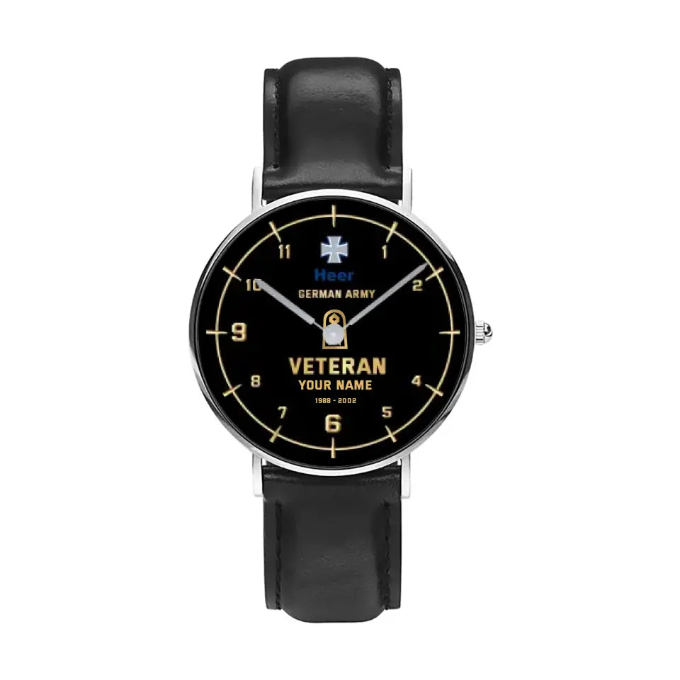 Personalized Germany Soldier/ Veteran With Name, Rank and Year Black Stitched Leather Watch - 03052402QA - Gold Version