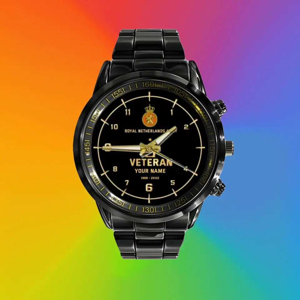 Personalized Netherlands Soldier/ Veteran With Name, Rank and Year Black Stainless Steel Watch - 17146944 - Gold Version