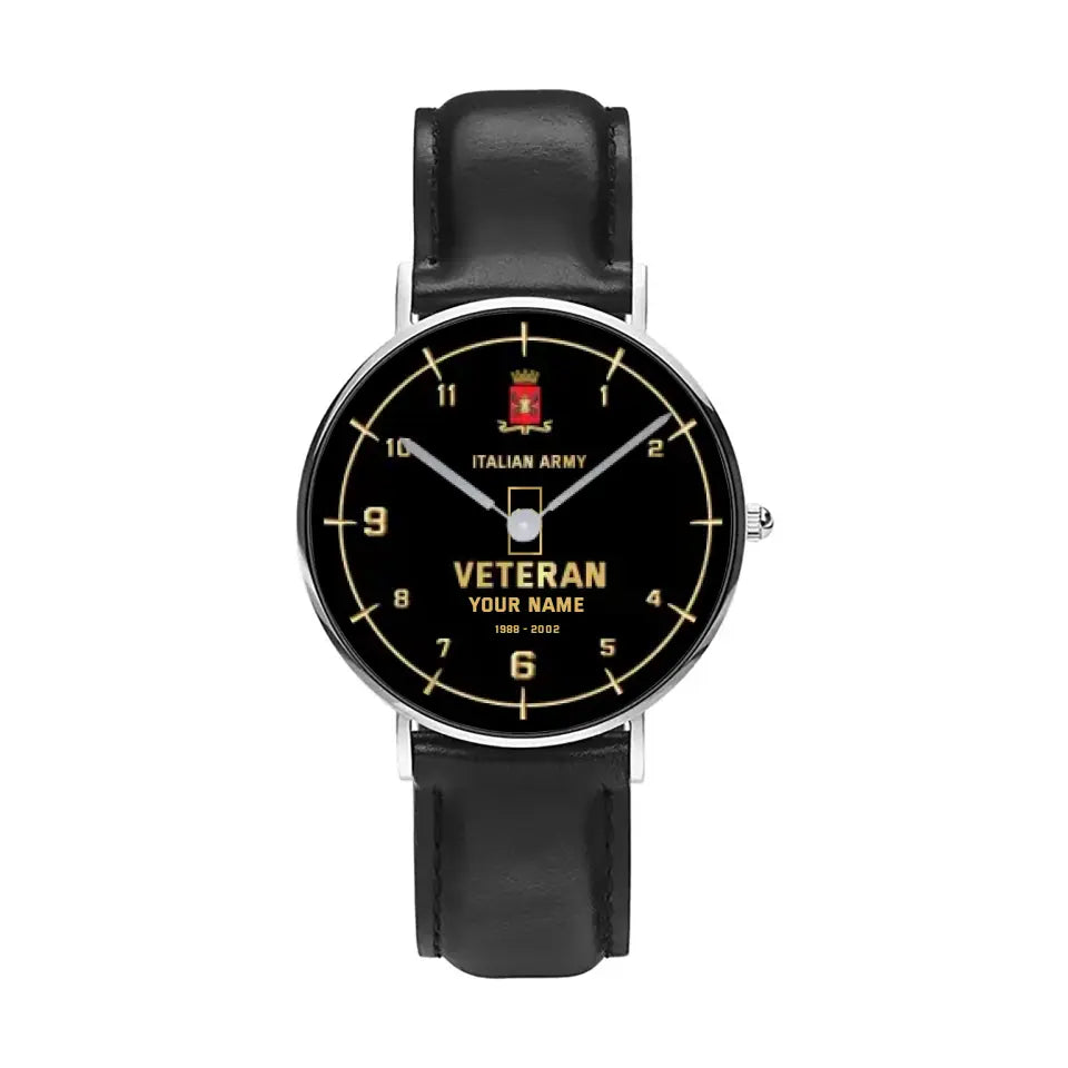 Montre personnalisée en cuir noir avec coutures noires pour soldat/vétéran italien avec nom, grade et année - 03052402QA - Version dorée