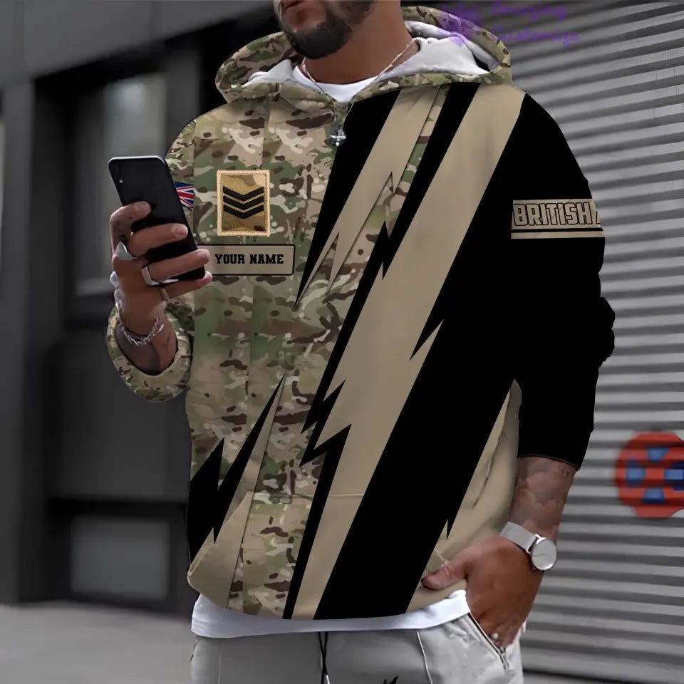 Sweat à capuche personnalisé avec camouflage soldat/vétéran britannique avec nom et grade imprimé en 3D - 0503240001QA