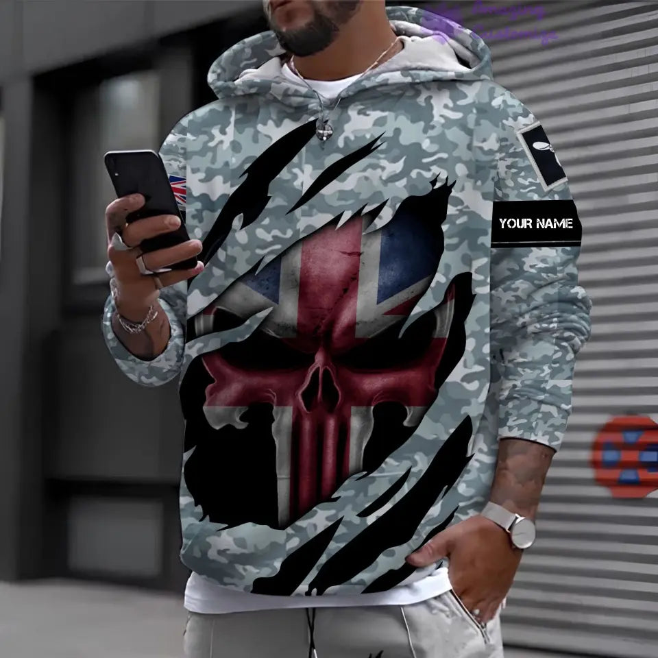 Sweat à capuche personnalisé avec camouflage soldat/vétéran britannique avec nom et grade imprimé en 3D - 08042402QA