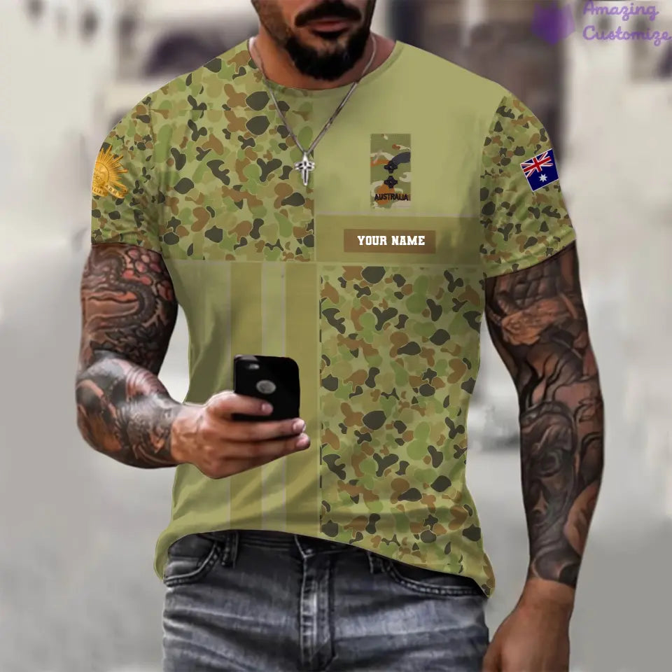 T-shirt personnalisé avec camouflage soldat/vétéran australien imprimé avec nom et grade - 07052401QA