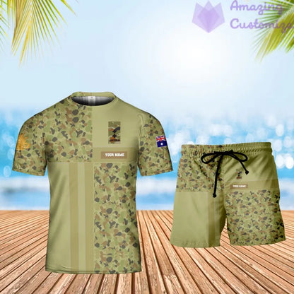 Personalisiertes australisches Soldaten-/Veteranen-Tarnmuster mit Namen und Rang, Kombi-T-Shirt + Shorts, 3D-Druck – 07042401QA