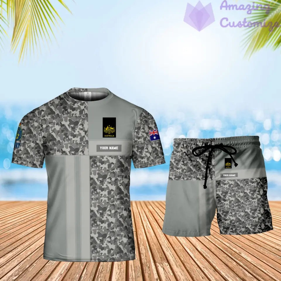 Personalisiertes australisches Soldaten-/Veteranen-Tarnmuster mit Namen und Rang, Kombi-T-Shirt + Shorts, 3D-Druck – 07042401QA