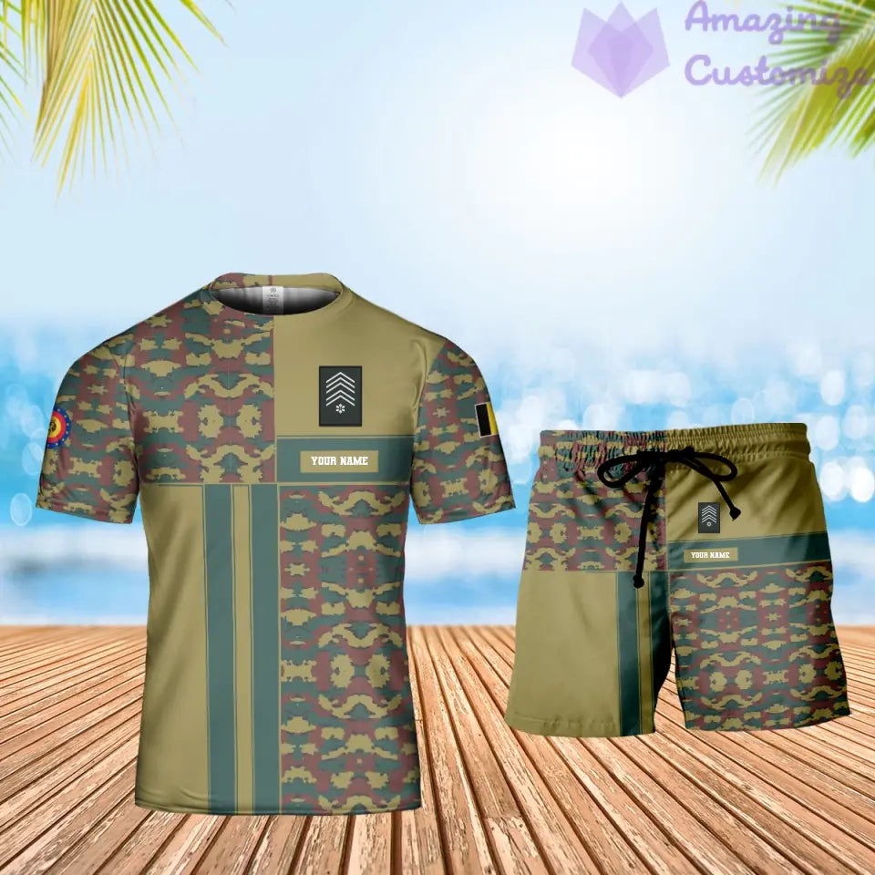 Personalisierter belgischer Soldat/Veteran, Camouflage, mit Namen und Rang, Kombi-T-Shirt + Short, 3D-Druck – 07042401QA