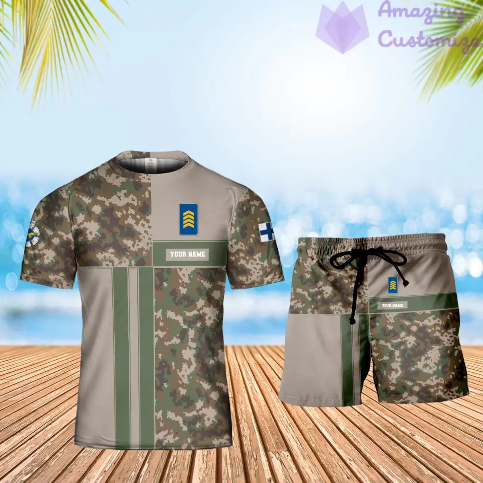 Personalisierter finnischer Soldat/Veteran, Camouflage, mit Namen und Rang, Kombi-T-Shirt + Short, 3D-Druck – 07042401QA