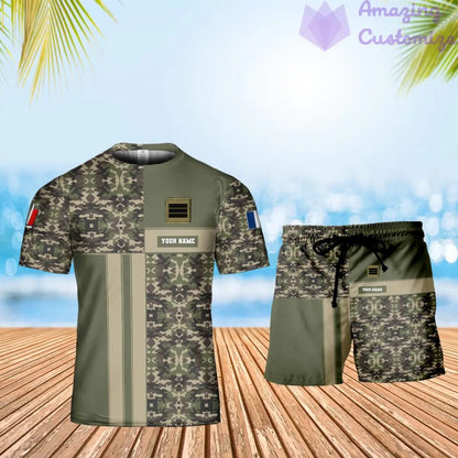 Personalisiertes französisches Soldaten-/Veteranen-Tarnmuster mit Namen und Rang, Kombi-T-Shirt + Shorts, 3D-Druck – 07042401QA