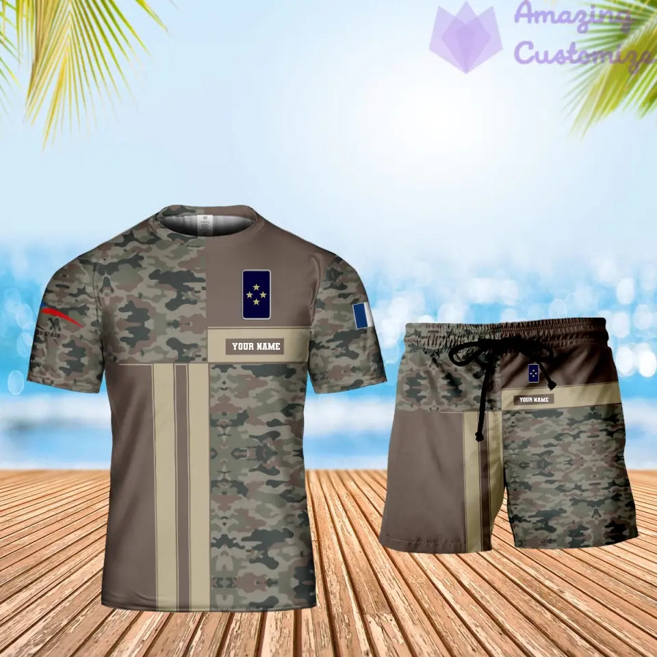 Personalisiertes französisches Soldaten-/Veteranen-Tarnmuster mit Namen und Rang, Kombi-T-Shirt + Shorts, 3D-Druck – 07042401QA