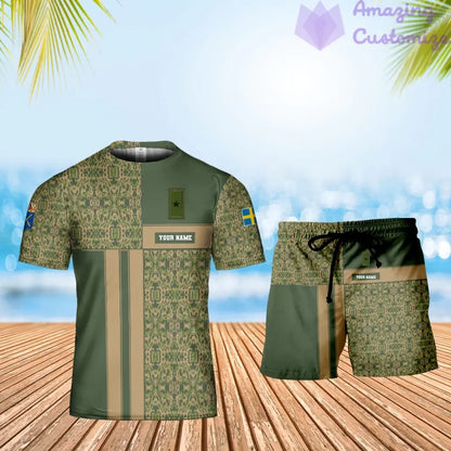 Personalisierter schwedischer Soldat/Veteran, Camouflage, mit Namen und Rang, Kombi-T-Shirt + Short, 3D-Druck – 07042401QA