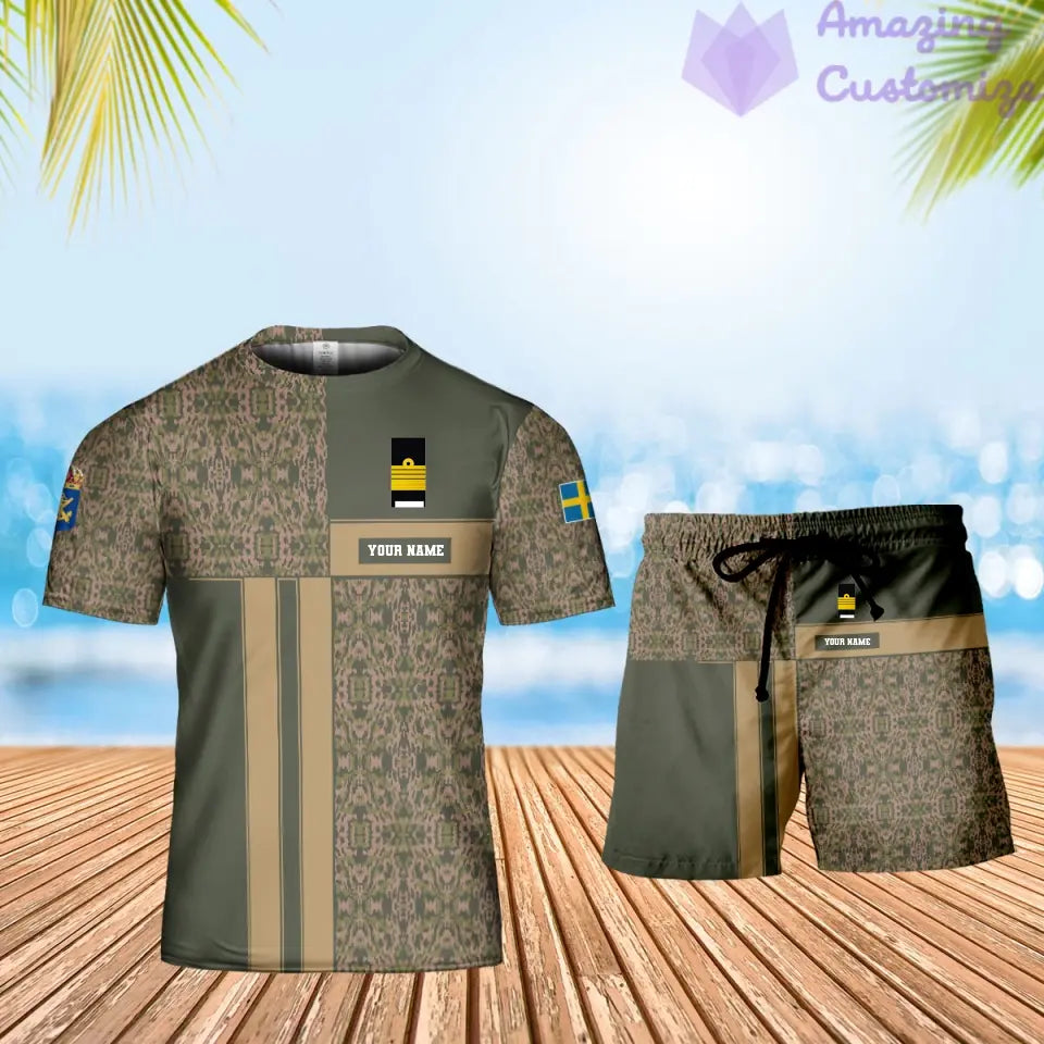 Personalisierter schwedischer Soldat/Veteran, Camouflage, mit Namen und Rang, Kombi-T-Shirt + Short, 3D-Druck – 07042401QA