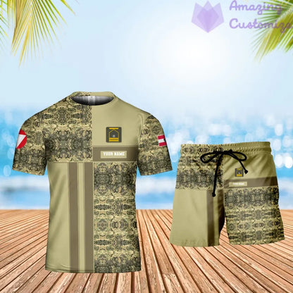 Personalisiertes österreichisches Soldaten-/Veteranen-Tarnmuster mit Namen und Rang, Kombi-T-Shirt + Shorts, 3D-Druck -07052401QA