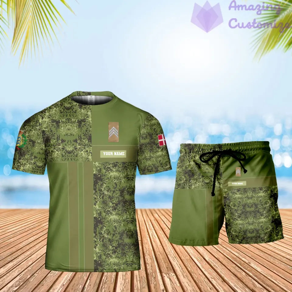 T-shirt personnalisé avec camouflage soldat/vétéran du Danemark avec nom et grade combinés + short imprimé en 3D -07052401QA