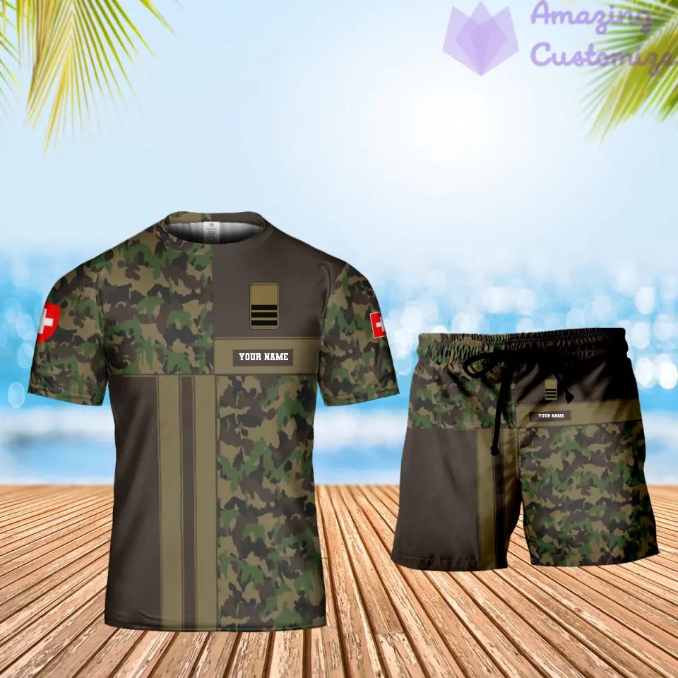 T-shirt personnalisé avec camouflage soldat/vétéran suisse avec nom et grade combinés + short imprimés en 3D -07052401QA