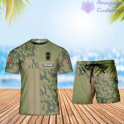 Personalisiertes norwegisches Soldaten-/Veteranen-Tarnmuster mit Namen und Rang, Kombi-T-Shirt + Shorts, 3D-Druck -07052401QA