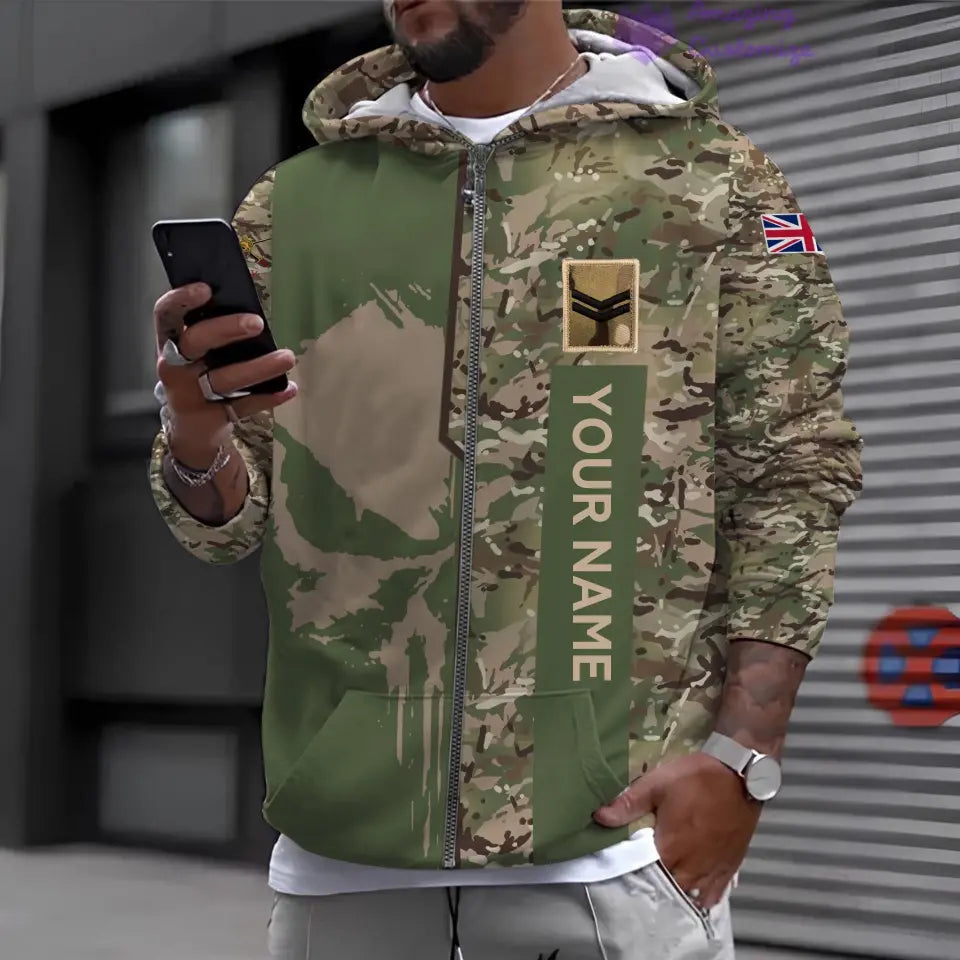 Personalisierter Kapuzenpullover mit Camouflage-Muster für britische Soldaten/Veteranen mit Namen und Rang, bedruckt – 10052401QA