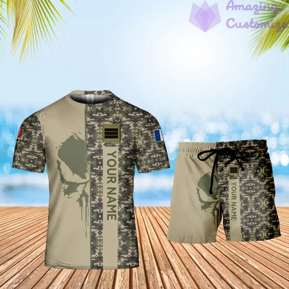 Personalisiertes französisches Soldaten-/Veteranen-Tarnmuster mit Namen und Rang, Kombi-T-Shirt + Shorts, 3D-Druck – 10052401QA