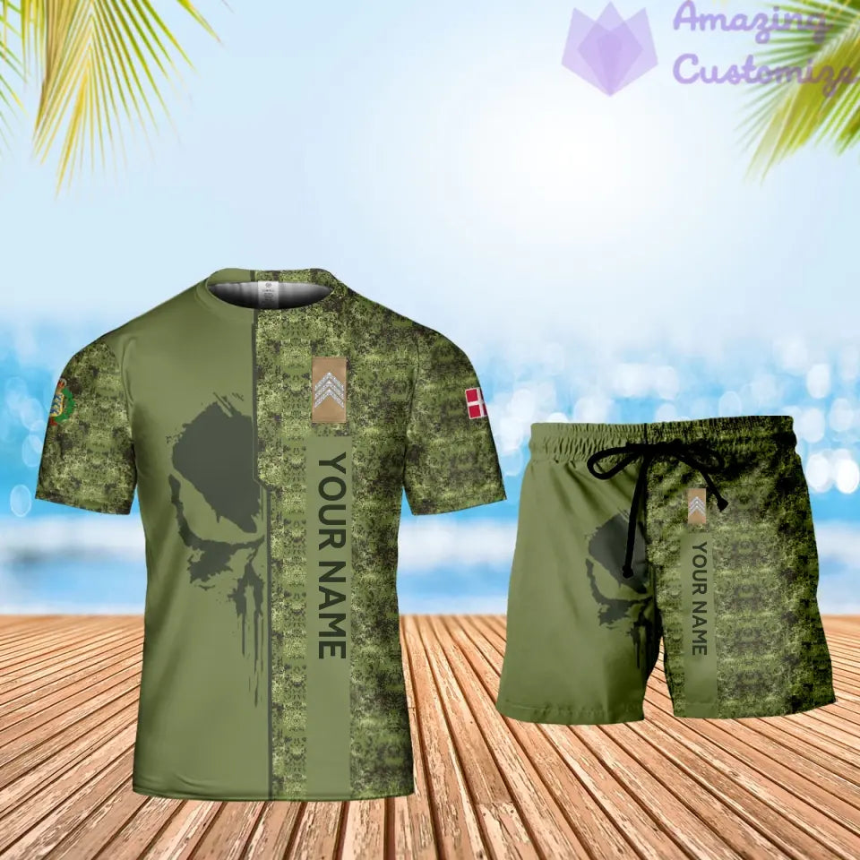 Personalisiertes dänisches Soldaten-/Veteranen-Tarnmuster mit Namen und Rang, Kombi-T-Shirt + Shorts, 3D-Druck -10052401QA